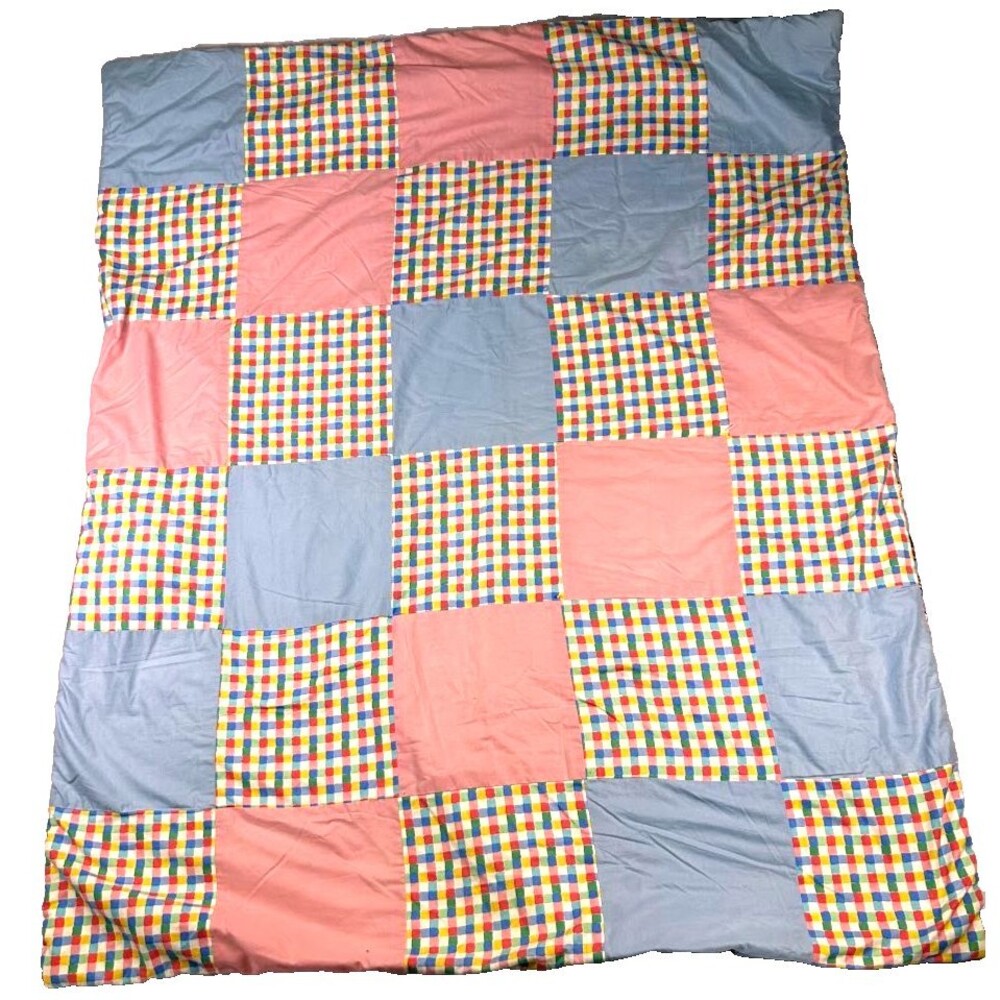 Vintage Baby Quilt Reversible Patchwork Plaid & Teddy Bears Blue Pink 37.5x44.5